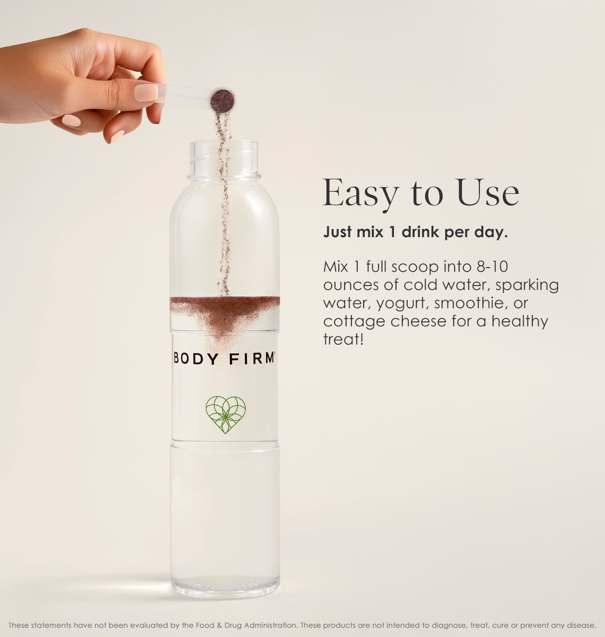 Bottle of 'Body Firm' with a scoop of powder and text on a light background